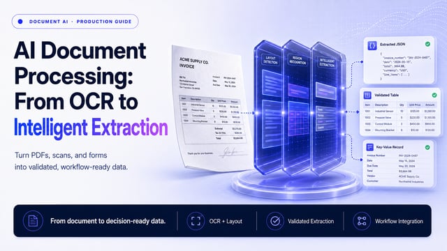 Document intelligence pipeline showing ingestion, OCR, layout analysis, field extraction, validation, human review, and downstream workflow integration