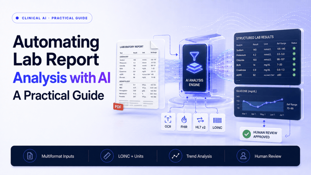AI lab report analysis pipeline extracting analytes, values, units, reference intervals, LOINC mappings, validation states, and source evidence before human review