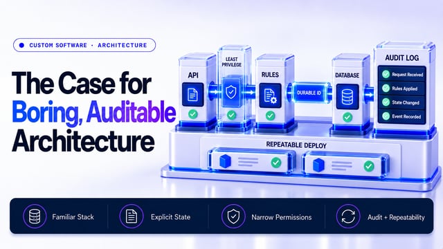 Auditable software architecture showing identity, action, state transition, reason, outcome, evidence, logs, deployment history, and controlled access