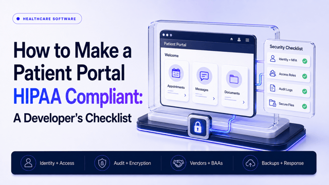 HIPAA patient portal architecture showing patient identity, access control, secure sessions, audit logging, business associates, backups, and incident response